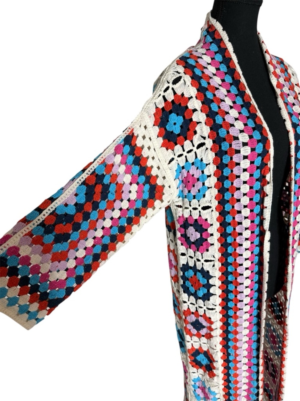 Crochet Granny Square Long Open Front Cardigan Duster Boho Cream Red Blue Medium - Picture 2 of 9